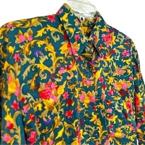 United Colors Of Benetton Floral Long Sleeve Tunic Blouse Womens Small Teal Gold